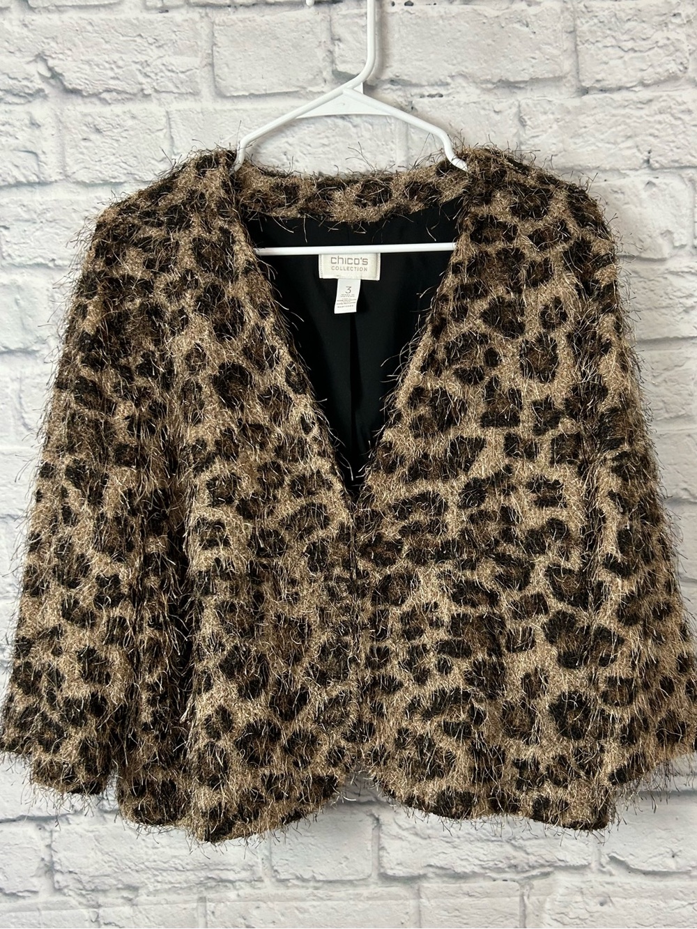 Chico’s Collection Size 3/XL Leopard Eyelash Fuzzy Open Front Statement Jacket